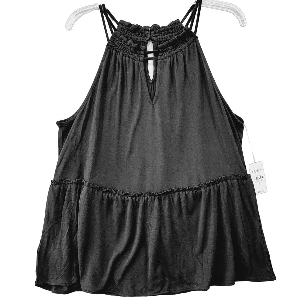 Loft Black Tank Top NEW $39 Women's Size S Strappy Halter Neckline Ruffled Waist